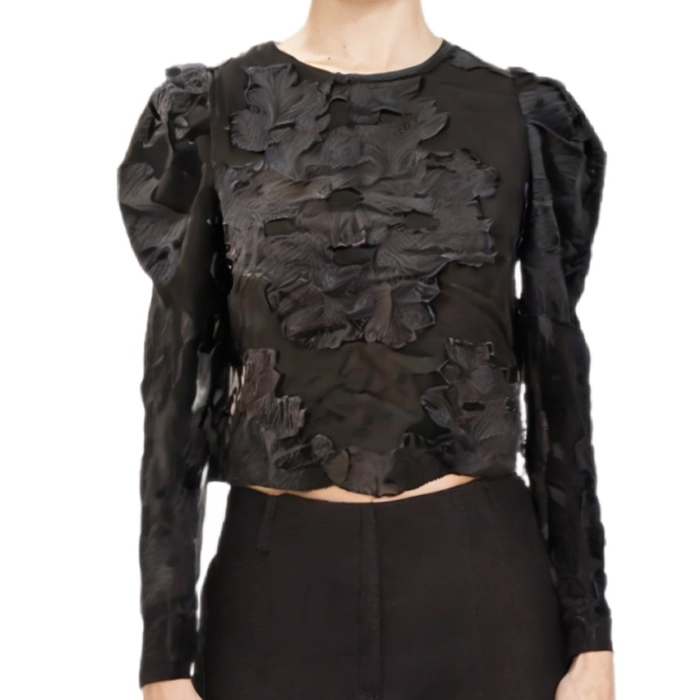 Aritzia Distressed Floral Cropped Blouse in Black Size Small
